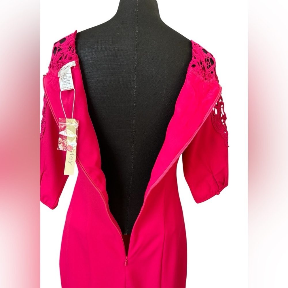 Esley Boho Fuchsia Pink Raspberry Lace Crochet Neckline Sheath Dress Size S - Picture 4 of 12